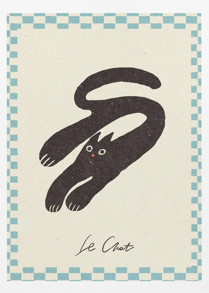 A vintage-style art print of a stylized black cat with an elongated, curving body. The cat has wide eyes and is set against a cream background with a blue and cream checkered border. Below the cat, the words 'Le Chat' are written in cursive script. The artwork is presented in a simple black frame. Print
