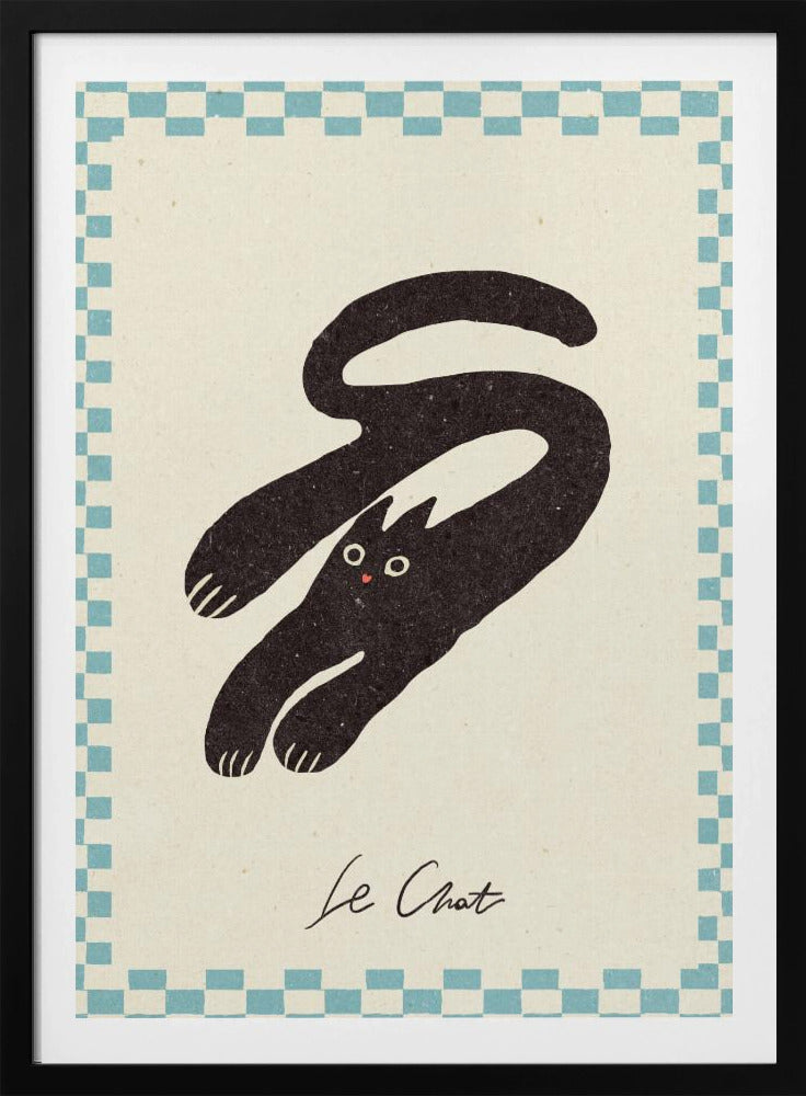 A vintage-style art print of a stylized black cat with an elongated, curving body. The cat has wide eyes and is set against a cream background with a blue and cream checkered border. Below the cat, the words 'Le Chat' are written in cursive script. The artwork is presented in a simple black frame. Print