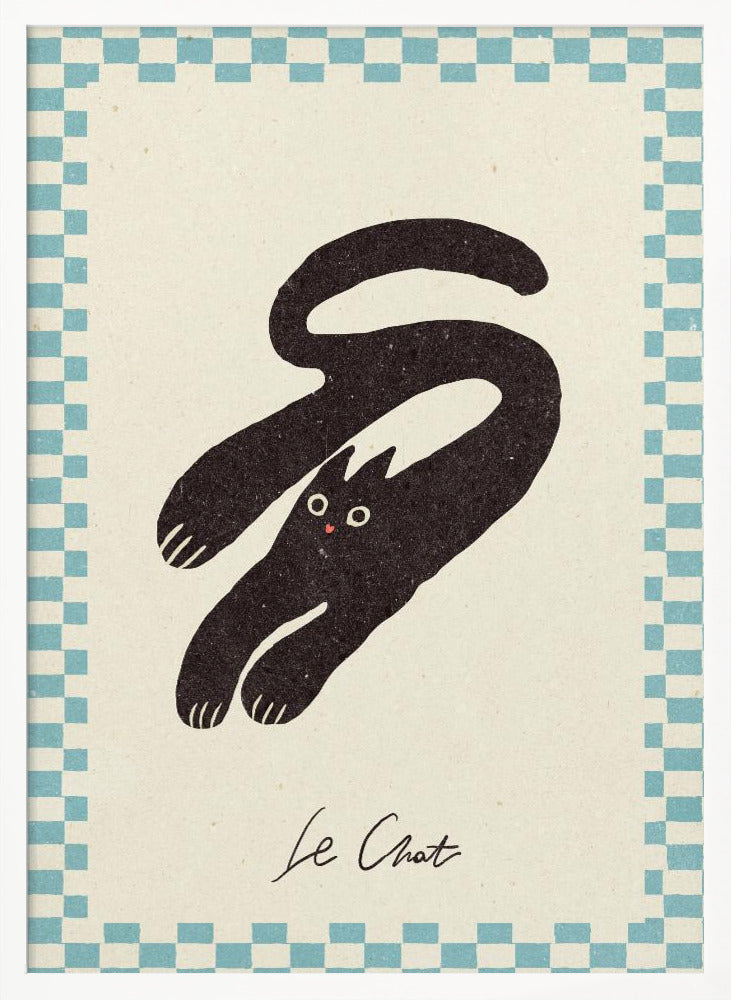 A vintage-style art print of a stylized black cat with an elongated, curving body. The cat has wide eyes and is set against a cream background with a blue and cream checkered border. Below the cat, the words 'Le Chat' are written in cursive script. The artwork is presented in a simple black frame. Print