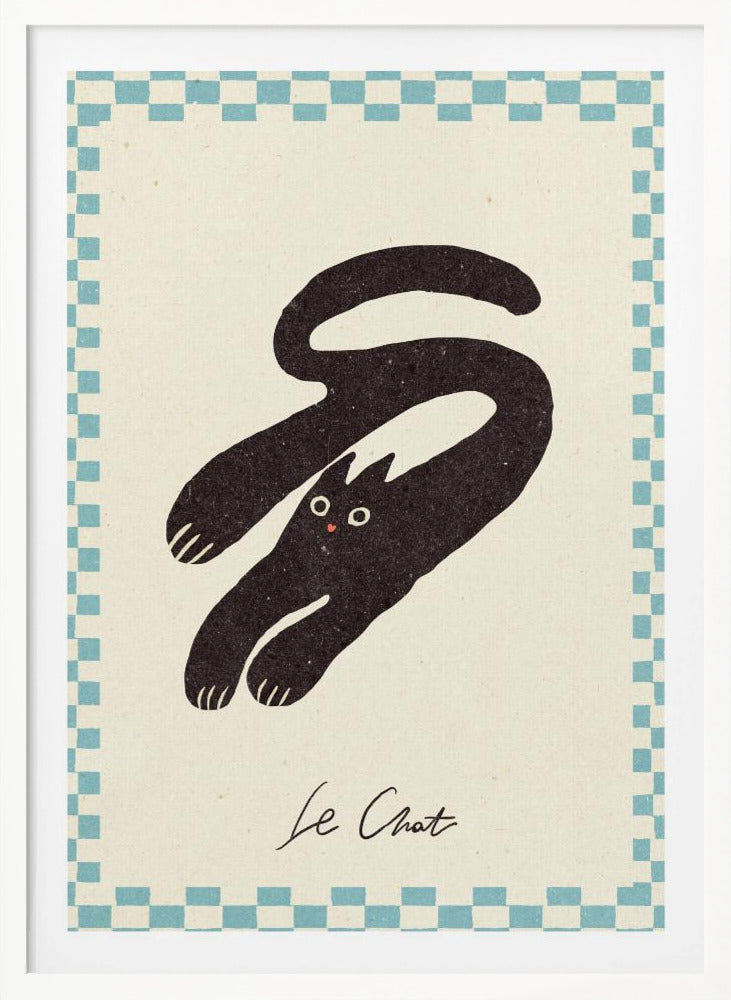 A vintage-style art print of a stylized black cat with an elongated, curving body. The cat has wide eyes and is set against a cream background with a blue and cream checkered border. Below the cat, the words 'Le Chat' are written in cursive script. The artwork is presented in a simple black frame. Print