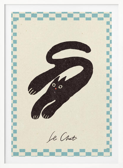 A vintage-style art print of a stylized black cat with an elongated, curving body. The cat has wide eyes and is set against a cream background with a blue and cream checkered border. Below the cat, the words 'Le Chat' are written in cursive script. The artwork is presented in a simple black frame. Print