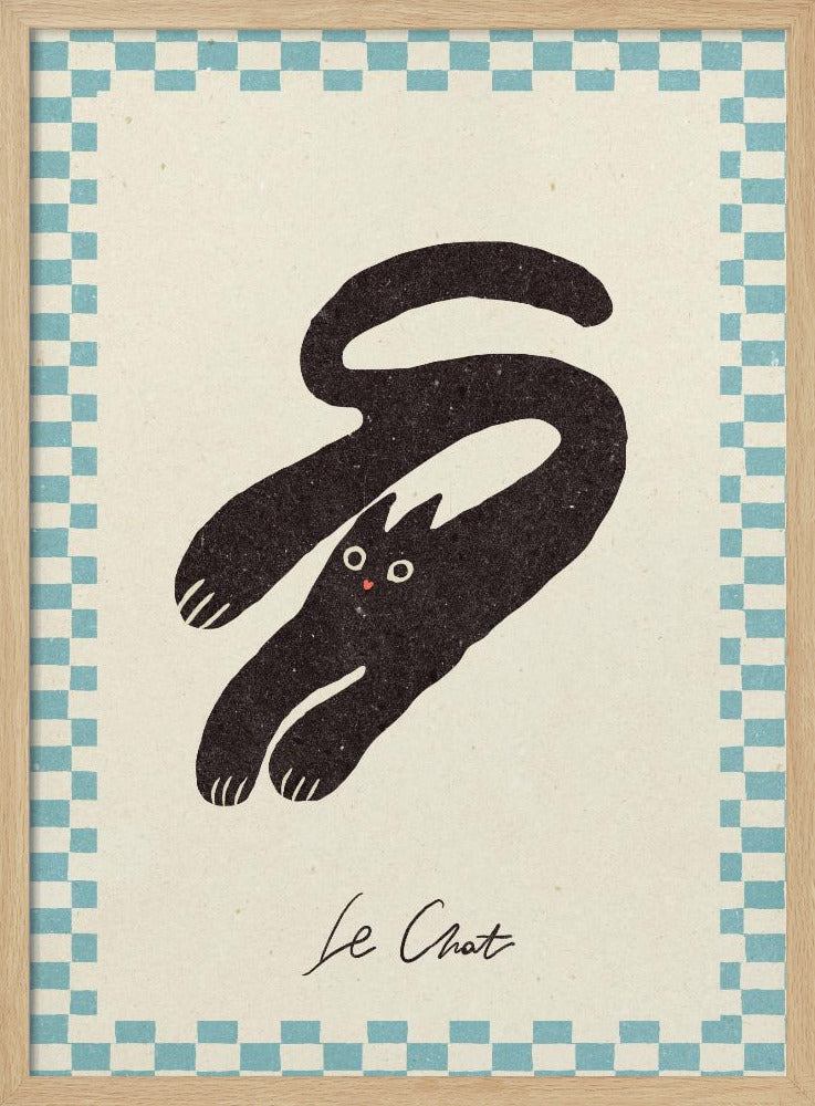 A vintage-style art print of a stylized black cat with an elongated, curving body. The cat has wide eyes and is set against a cream background with a blue and cream checkered border. Below the cat, the words 'Le Chat' are written in cursive script. The artwork is presented in a simple black frame. Print