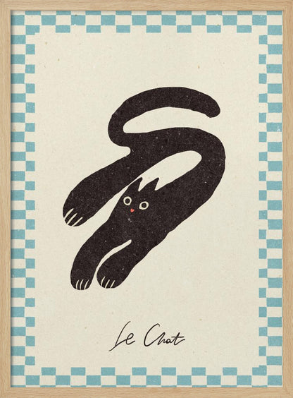 A vintage-style art print of a stylized black cat with an elongated, curving body. The cat has wide eyes and is set against a cream background with a blue and cream checkered border. Below the cat, the words 'Le Chat' are written in cursive script. The artwork is presented in a simple black frame. Print