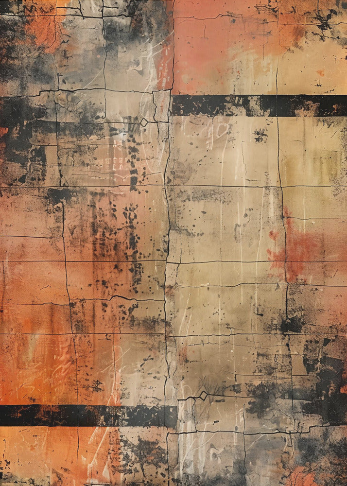An abstract painting with a heavily textured and cracked surface, dominated by shades of orange, beige, and black. The composition resembles weathered blocks or tiles, with bold black horizontal bands and splatters of black and white paint, all within a thin black frame. Artwork