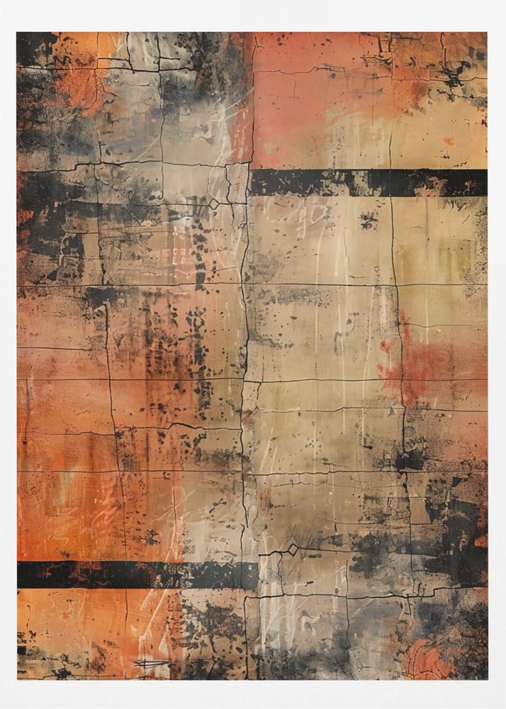 An abstract painting with a heavily textured and cracked surface, dominated by shades of orange, beige, and black. The composition resembles weathered blocks or tiles, with bold black horizontal bands and splatters of black and white paint, all within a thin black frame. Artwork