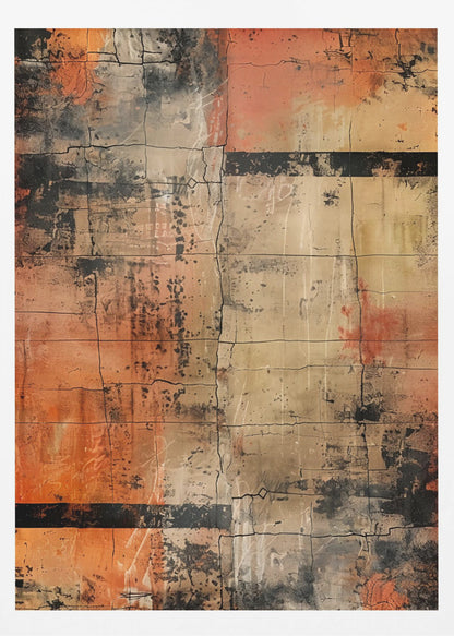 An abstract painting with a heavily textured and cracked surface, dominated by shades of orange, beige, and black. The composition resembles weathered blocks or tiles, with bold black horizontal bands and splatters of black and white paint, all within a thin black frame. Artwork