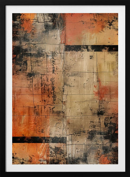 An abstract painting with a heavily textured and cracked surface, dominated by shades of orange, beige, and black. The composition resembles weathered blocks or tiles, with bold black horizontal bands and splatters of black and white paint, all within a thin black frame. Artwork