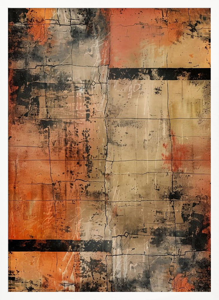 An abstract painting with a heavily textured and cracked surface, dominated by shades of orange, beige, and black. The composition resembles weathered blocks or tiles, with bold black horizontal bands and splatters of black and white paint, all within a thin black frame. Artwork