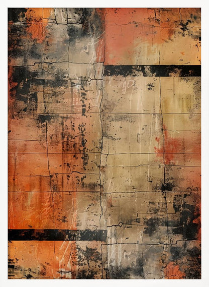 An abstract painting with a heavily textured and cracked surface, dominated by shades of orange, beige, and black. The composition resembles weathered blocks or tiles, with bold black horizontal bands and splatters of black and white paint, all within a thin black frame. Artwork