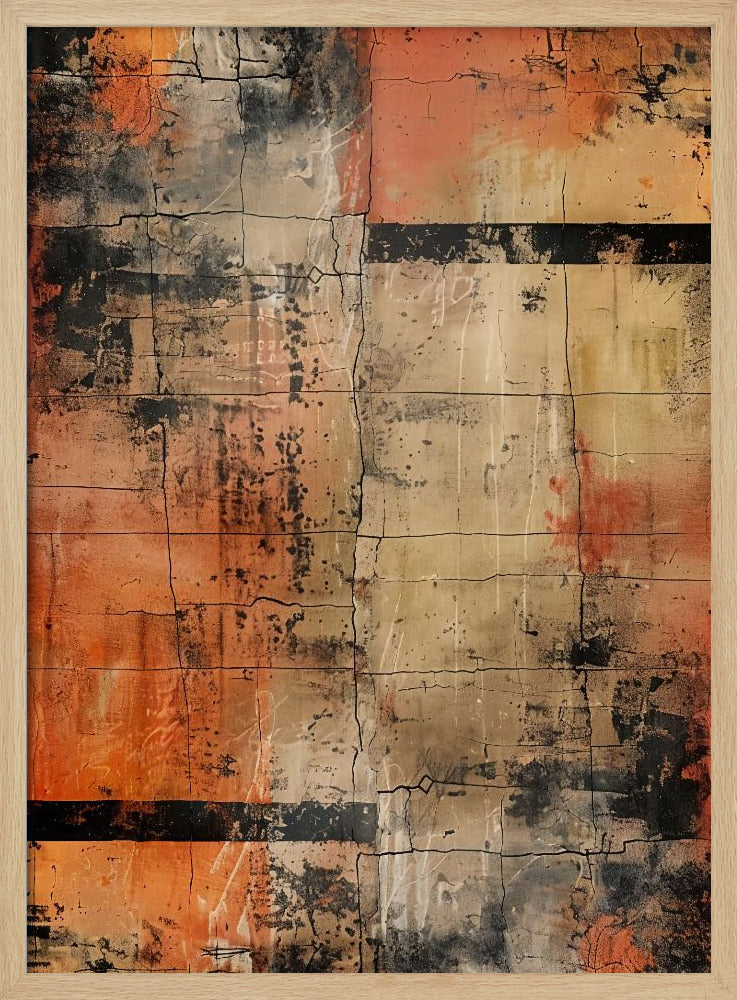 An abstract painting with a heavily textured and cracked surface, dominated by shades of orange, beige, and black. The composition resembles weathered blocks or tiles, with bold black horizontal bands and splatters of black and white paint, all within a thin black frame. Artwork