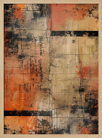 An abstract painting with a heavily textured and cracked surface, dominated by shades of orange, beige, and black. The composition resembles weathered blocks or tiles, with bold black horizontal bands and splatters of black and white paint, all within a thin black frame. Artwork