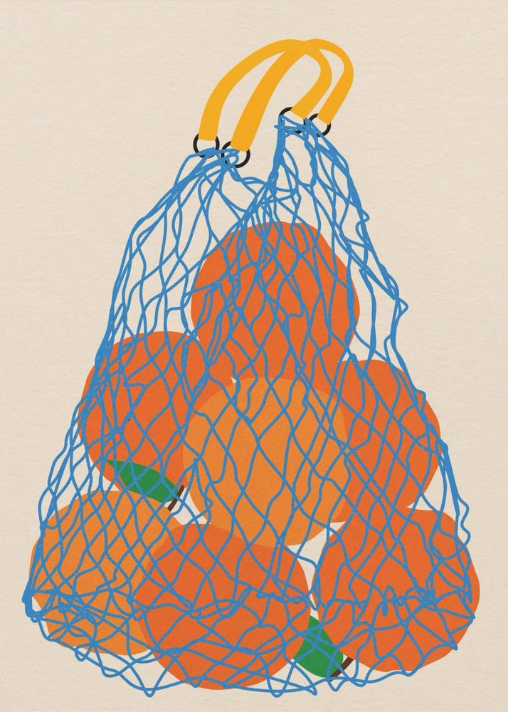 A minimalist illustration of a blue mesh string bag with yellow handles, filled with large, bright orange oranges against a light beige background. Wall Art