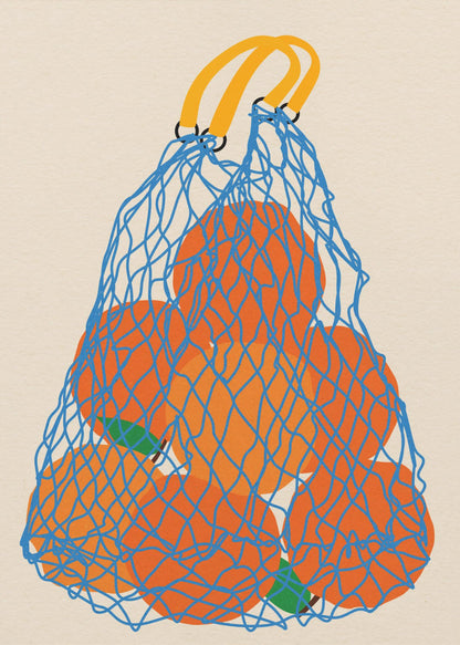 A minimalist illustration of a blue mesh string bag with yellow handles, filled with large, bright orange oranges against a light beige background. Wall Art