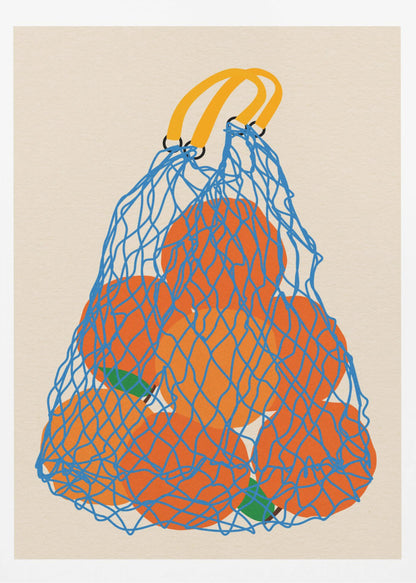 A minimalist illustration of a blue mesh string bag with yellow handles, filled with large, bright orange oranges against a light beige background. Wall Art