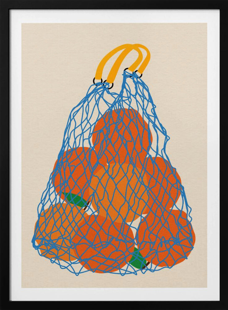 A minimalist illustration of a blue mesh string bag with yellow handles, filled with large, bright orange oranges against a light beige background. Wall Art