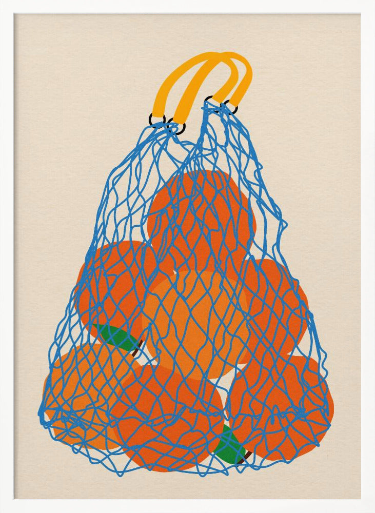 A minimalist illustration of a blue mesh string bag with yellow handles, filled with large, bright orange oranges against a light beige background. Wall Art