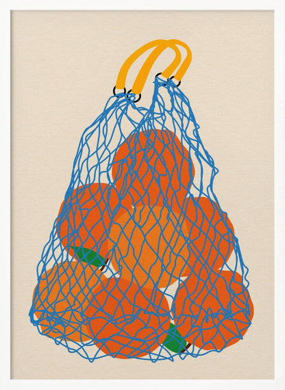 A minimalist illustration of a blue mesh string bag with yellow handles, filled with large, bright orange oranges against a light beige background. Wall Art