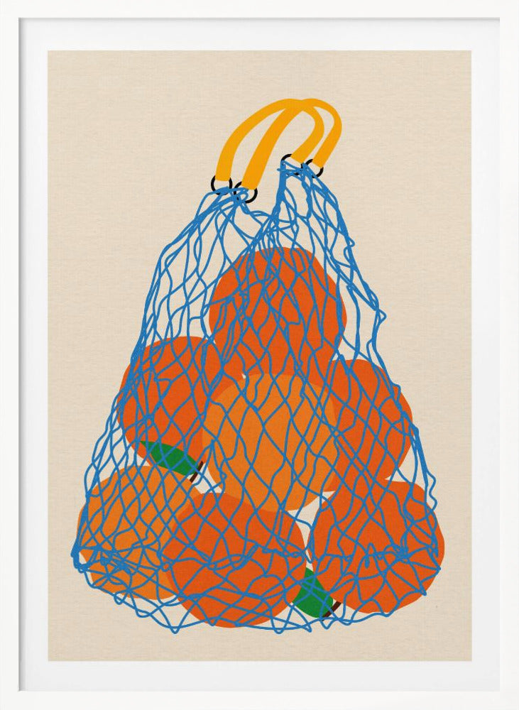 A minimalist illustration of a blue mesh string bag with yellow handles, filled with large, bright orange oranges against a light beige background. Wall Art