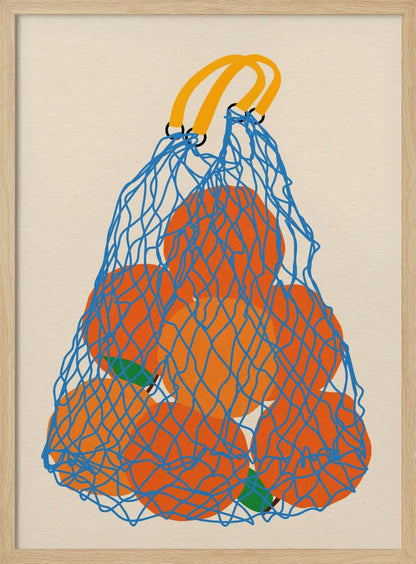 A minimalist illustration of a blue mesh string bag with yellow handles, filled with large, bright orange oranges against a light beige background. Wall Art