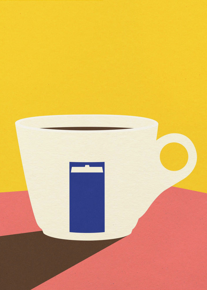 A minimalist pop art illustration of a white coffee cup with a blue TARDIS from Doctor Who on its side, set against a bright yellow background and a pink tabletop. Decor