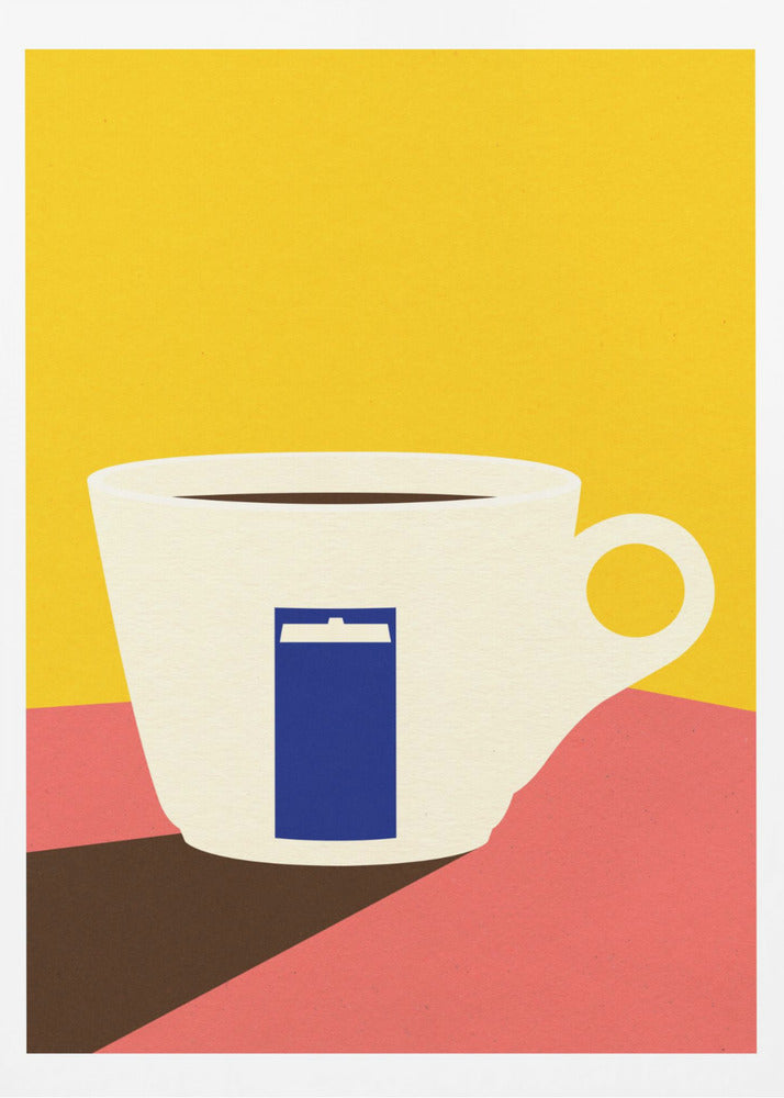 A minimalist pop art illustration of a white coffee cup with a blue TARDIS from Doctor Who on its side, set against a bright yellow background and a pink tabletop. Decor
