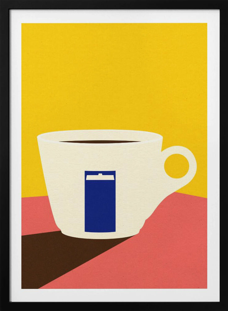 A minimalist pop art illustration of a white coffee cup with a blue TARDIS from Doctor Who on its side, set against a bright yellow background and a pink tabletop. Decor