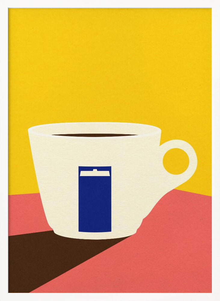 A minimalist pop art illustration of a white coffee cup with a blue TARDIS from Doctor Who on its side, set against a bright yellow background and a pink tabletop. Decor