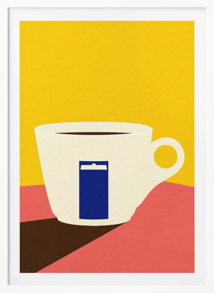 A minimalist pop art illustration of a white coffee cup with a blue TARDIS from Doctor Who on its side, set against a bright yellow background and a pink tabletop. Decor