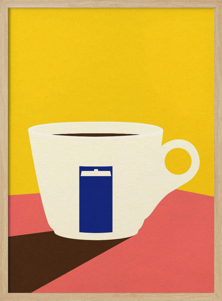 A minimalist pop art illustration of a white coffee cup with a blue TARDIS from Doctor Who on its side, set against a bright yellow background and a pink tabletop. Decor