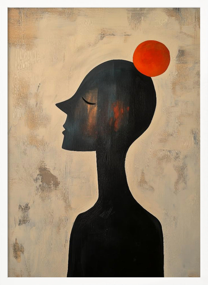 An abstract painting of a black silhouette of a person in profile, with their eyes closed. A vibrant orange-red circle is balanced on the top of their head. The background is a textured, distressed beige and off-white. The entire piece is enclosed in a simple black frame. Print