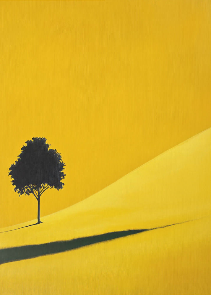 A minimalist painting of a single black tree on a vibrant yellow, rolling hill, casting a long, dark shadow. The background is a solid yellow, creating a stark, modern landscape scene within a black frame. Print