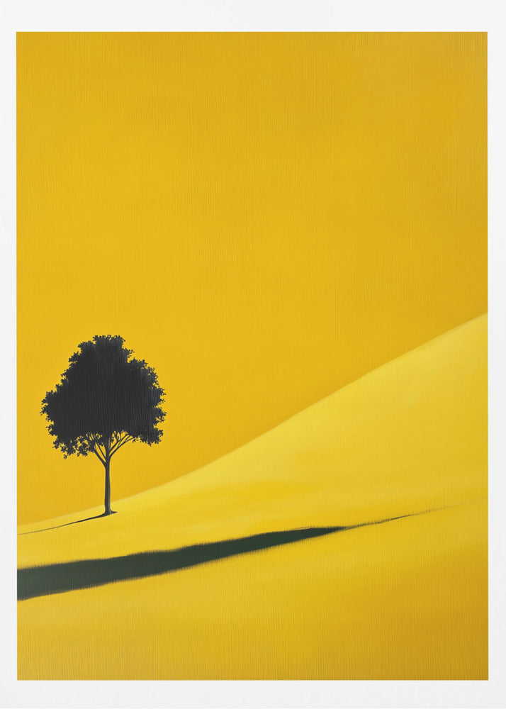 A minimalist painting of a single black tree on a vibrant yellow, rolling hill, casting a long, dark shadow. The background is a solid yellow, creating a stark, modern landscape scene within a black frame. Print