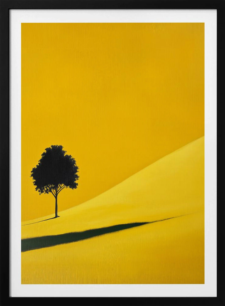 A minimalist painting of a single black tree on a vibrant yellow, rolling hill, casting a long, dark shadow. The background is a solid yellow, creating a stark, modern landscape scene within a black frame. Print