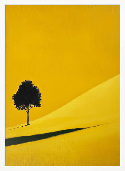 A minimalist painting of a single black tree on a vibrant yellow, rolling hill, casting a long, dark shadow. The background is a solid yellow, creating a stark, modern landscape scene within a black frame. Print