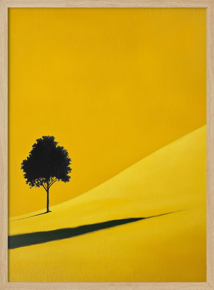 A minimalist painting of a single black tree on a vibrant yellow, rolling hill, casting a long, dark shadow. The background is a solid yellow, creating a stark, modern landscape scene within a black frame. Print