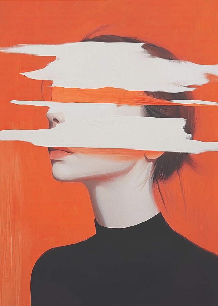 Abstract portrait of a woman in a black turtleneck against a vibrant orange background. Her face is obscured by thick, horizontal white brushstrokes, revealing only parts of her nose and lips. Artwork
