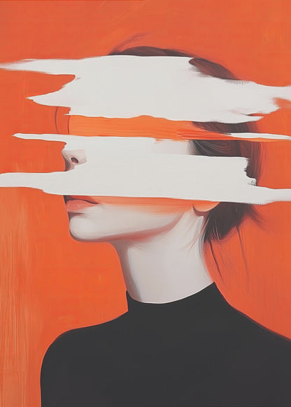 Abstract portrait of a woman in a black turtleneck against a vibrant orange background. Her face is obscured by thick, horizontal white brushstrokes, revealing only parts of her nose and lips. Artwork