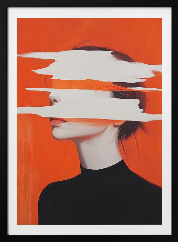 Abstract portrait of a woman in a black turtleneck against a vibrant orange background. Her face is obscured by thick, horizontal white brushstrokes, revealing only parts of her nose and lips. Artwork