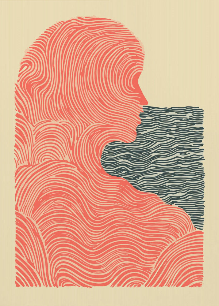 A framed abstract illustration in a woodblock print style. It depicts the silhouette of a person in profile, rendered in flowing red-orange lines, looking towards a rectangular block of dark blue wavy lines that suggest water. The background is a solid cream color. Poster