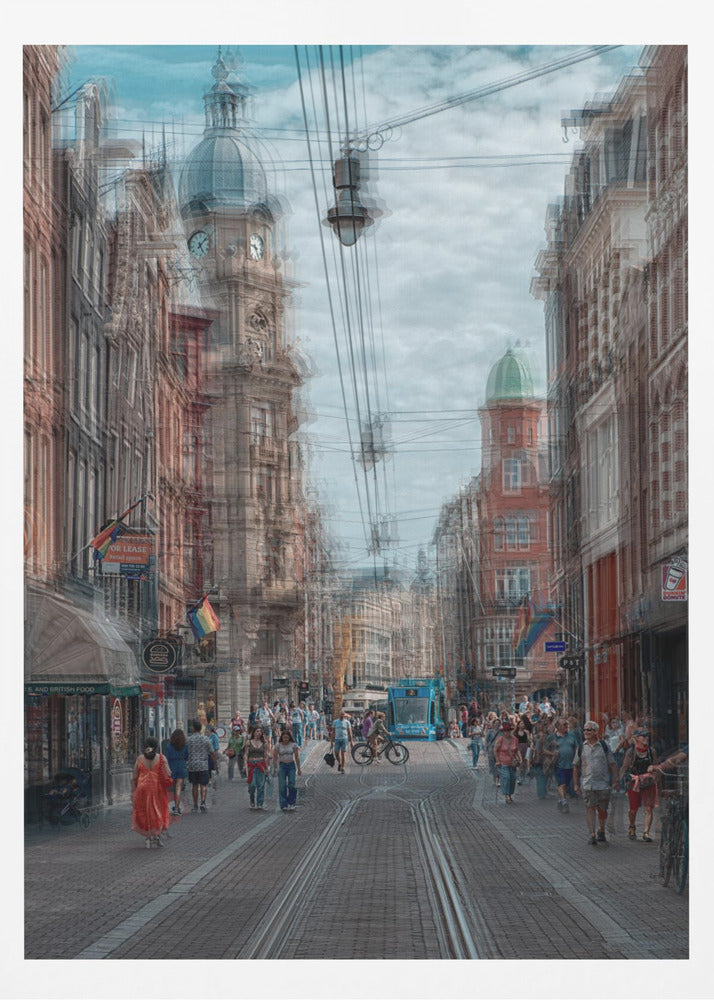 A motion-blurred, dreamlike photograph of a busy street in Amsterdam. Historic buildings line the cobblestone road, which is filled with pedestrians and features tram tracks. A prominent clock tower rises against a cloudy blue sky, and the entire scene has a shaky, layered effect. Poster