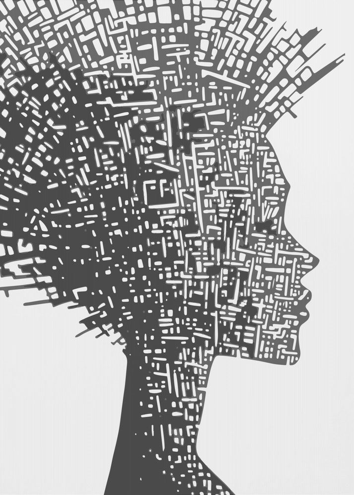 A black and white abstract artwork featuring the silhouette of a woman in profile against a white background. The silhouette is filled with an intricate, maze-like pattern of white lines and shapes, resembling a circuit board or an aerial city map. The entire piece is encased in a simple black frame. Print