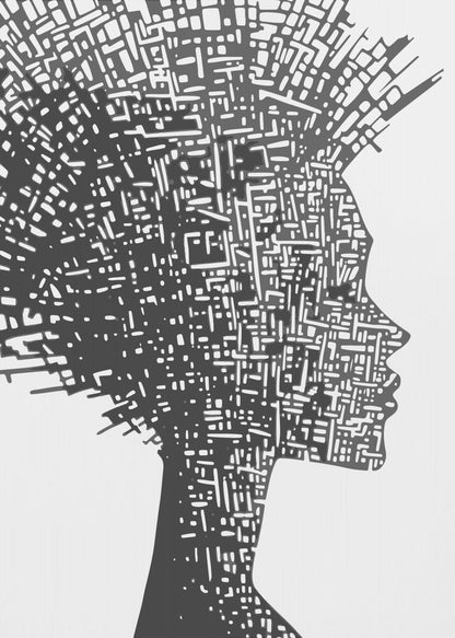 A black and white abstract artwork featuring the silhouette of a woman in profile against a white background. The silhouette is filled with an intricate, maze-like pattern of white lines and shapes, resembling a circuit board or an aerial city map. The entire piece is encased in a simple black frame. Print