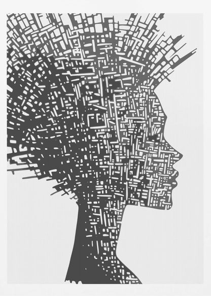 A black and white abstract artwork featuring the silhouette of a woman in profile against a white background. The silhouette is filled with an intricate, maze-like pattern of white lines and shapes, resembling a circuit board or an aerial city map. The entire piece is encased in a simple black frame. Print