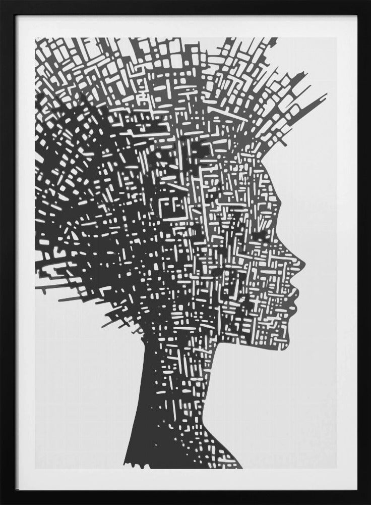 A black and white abstract artwork featuring the silhouette of a woman in profile against a white background. The silhouette is filled with an intricate, maze-like pattern of white lines and shapes, resembling a circuit board or an aerial city map. The entire piece is encased in a simple black frame. Print