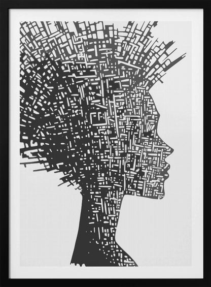 A black and white abstract artwork featuring the silhouette of a woman in profile against a white background. The silhouette is filled with an intricate, maze-like pattern of white lines and shapes, resembling a circuit board or an aerial city map. The entire piece is encased in a simple black frame. Print