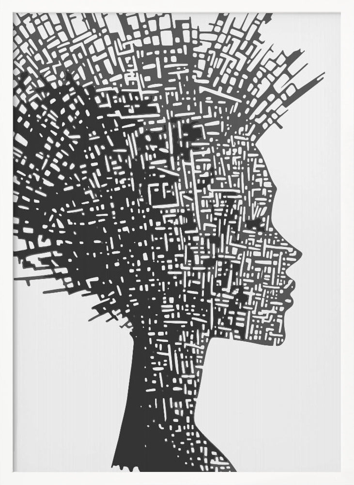 A black and white abstract artwork featuring the silhouette of a woman in profile against a white background. The silhouette is filled with an intricate, maze-like pattern of white lines and shapes, resembling a circuit board or an aerial city map. The entire piece is encased in a simple black frame. Print