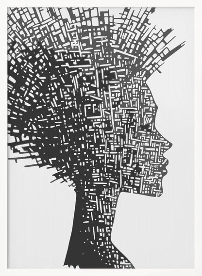 A black and white abstract artwork featuring the silhouette of a woman in profile against a white background. The silhouette is filled with an intricate, maze-like pattern of white lines and shapes, resembling a circuit board or an aerial city map. The entire piece is encased in a simple black frame. Print