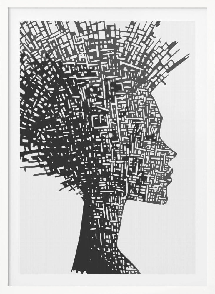 A black and white abstract artwork featuring the silhouette of a woman in profile against a white background. The silhouette is filled with an intricate, maze-like pattern of white lines and shapes, resembling a circuit board or an aerial city map. The entire piece is encased in a simple black frame. Print