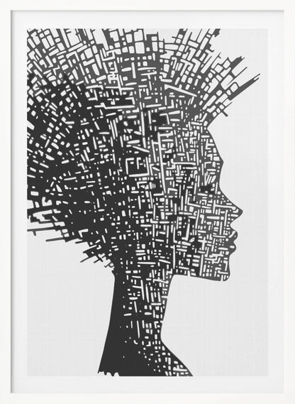 A black and white abstract artwork featuring the silhouette of a woman in profile against a white background. The silhouette is filled with an intricate, maze-like pattern of white lines and shapes, resembling a circuit board or an aerial city map. The entire piece is encased in a simple black frame. Print