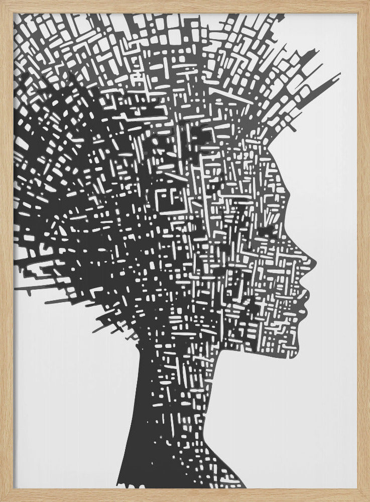 A black and white abstract artwork featuring the silhouette of a woman in profile against a white background. The silhouette is filled with an intricate, maze-like pattern of white lines and shapes, resembling a circuit board or an aerial city map. The entire piece is encased in a simple black frame. Print